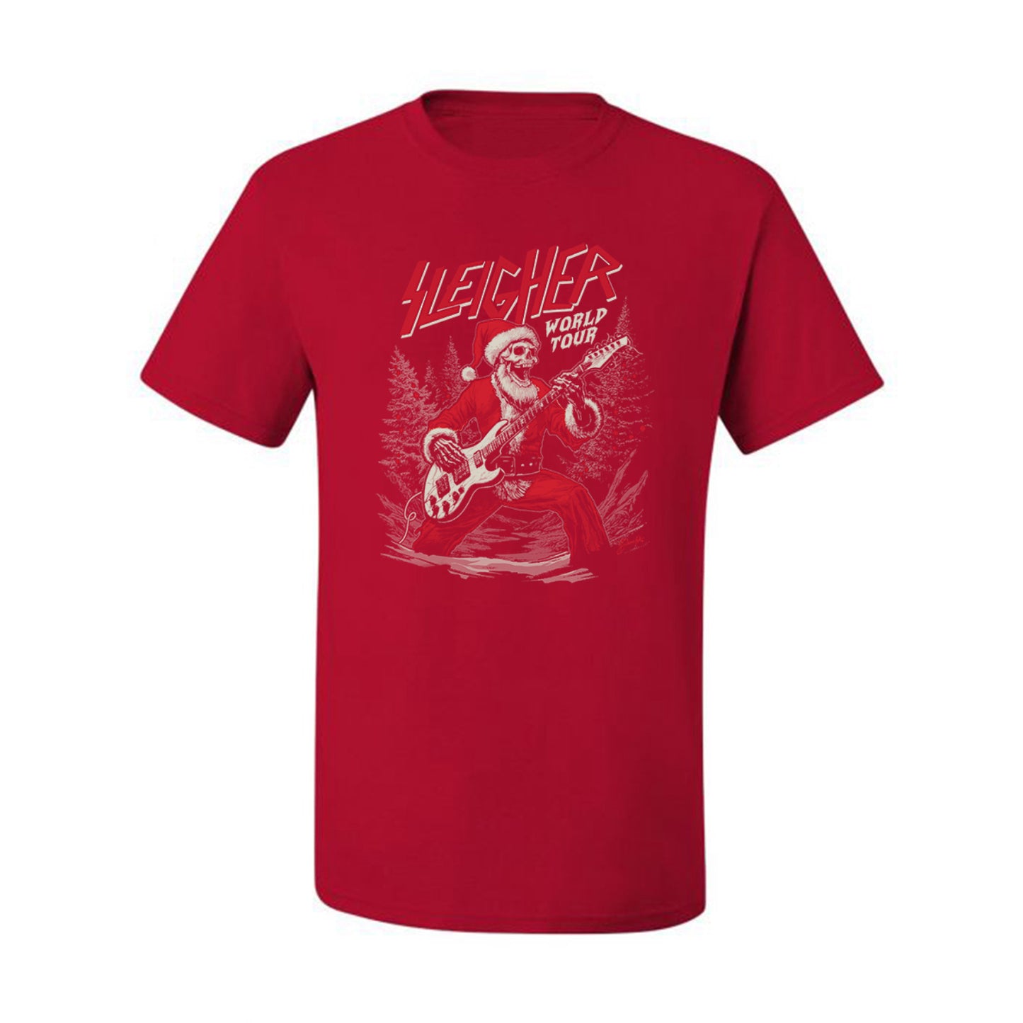 Sleigher World Tour | Funny Heavy Metal Electric Rock Guitar Skull Santa Claus Xmas North Pole Ugly Christmas Men's T-Shirt
