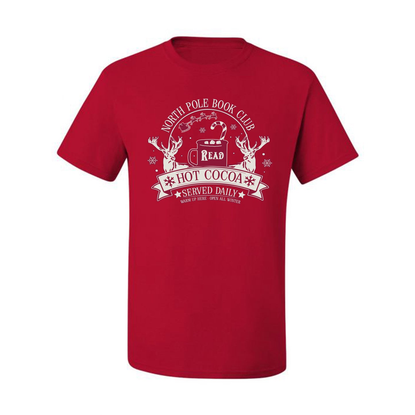 North Pole Book Club | Hot Cocoa Served Daily, Cute Funny Read Books Reading Snow Reindeer Winter Hot Chocolate Ugly Christmas Men's T-Shirt