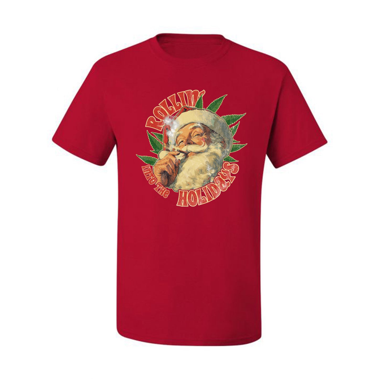Rollin Into the Holidays | Funny Santa Claus Smoking Weed THC Marijuana Joint Fan  Ugly Christmas Men's T-Shirt
