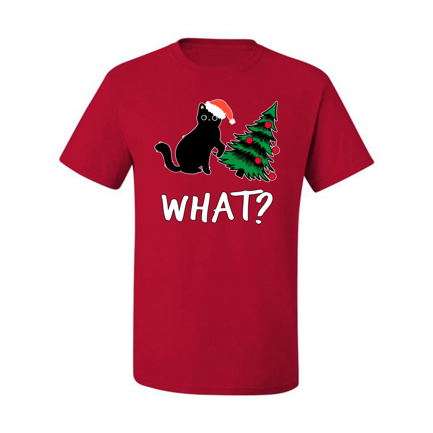 What? Funny Guilty Santa Cat Christmas Tree Mischief Pet Humor Ugly Christmas Men's T-Shirt