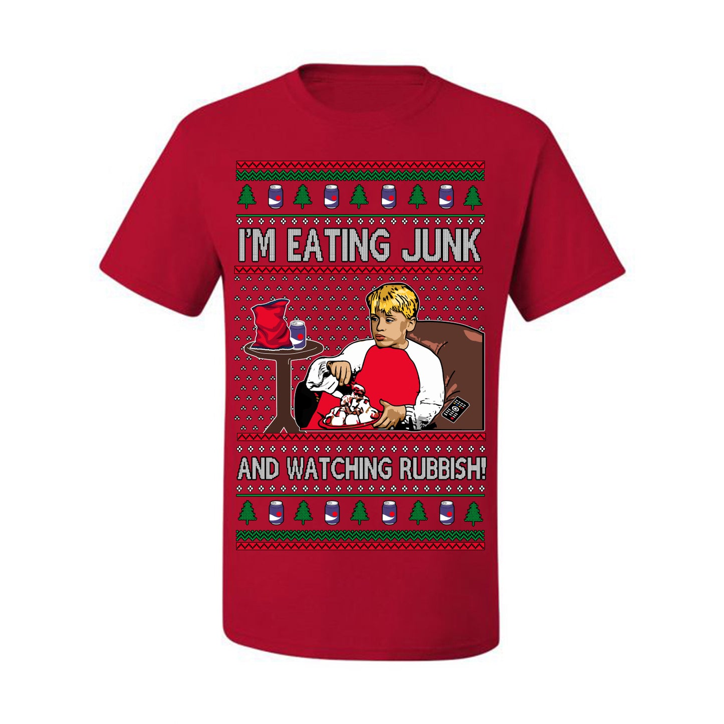 I'm Eating Junk and Watching Rubbish, Classic 90s Xmas Kevin Movie Ice Cream Soda Alone Movies, Ugly Christmas Sweater Ugly Christmas Men's T-Shirt