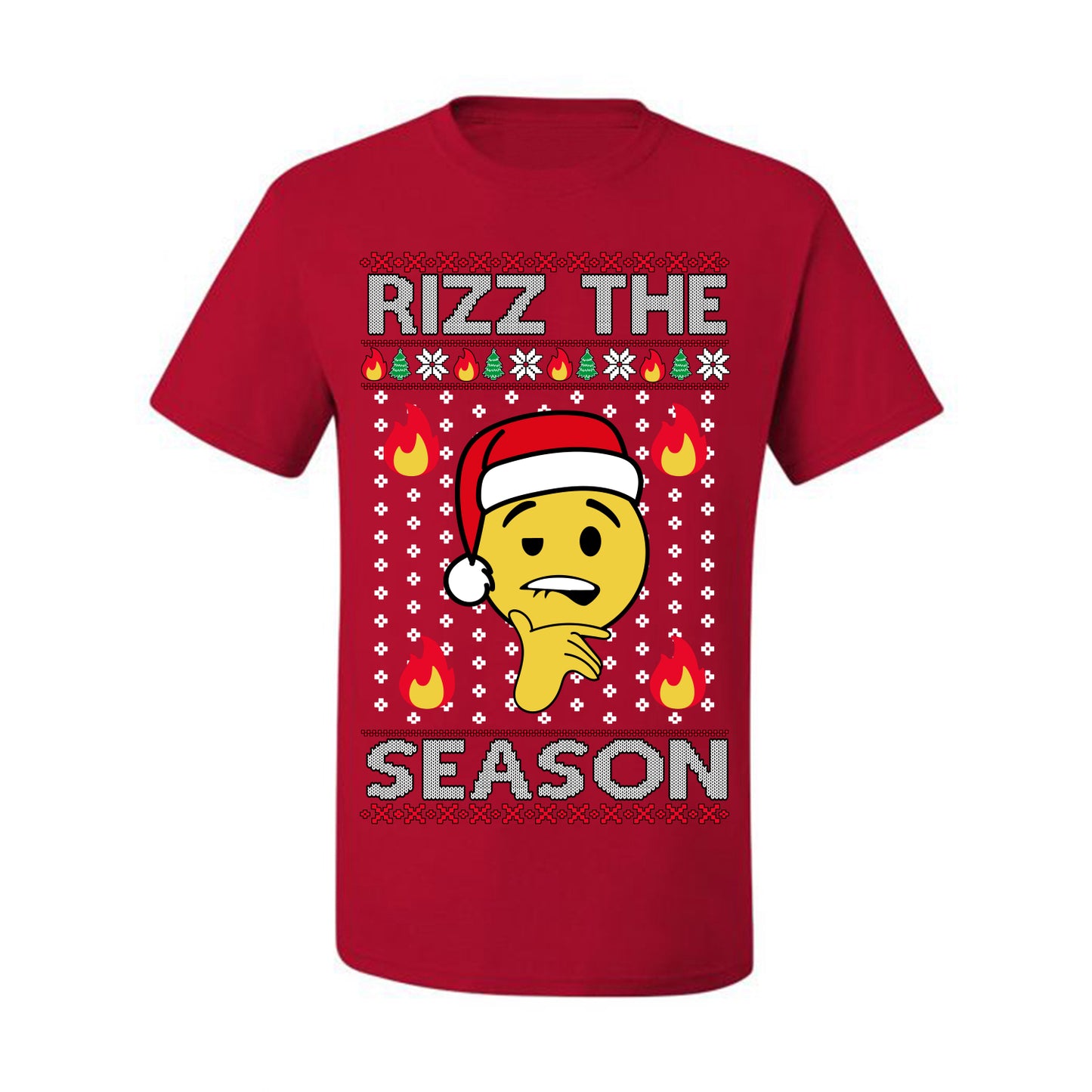 Rizz the Season, Viral Internet Fire Emoji Face Meme Romance Slang, Ugly Christmas Sweater Ugly Christmas Men's T-Shirt