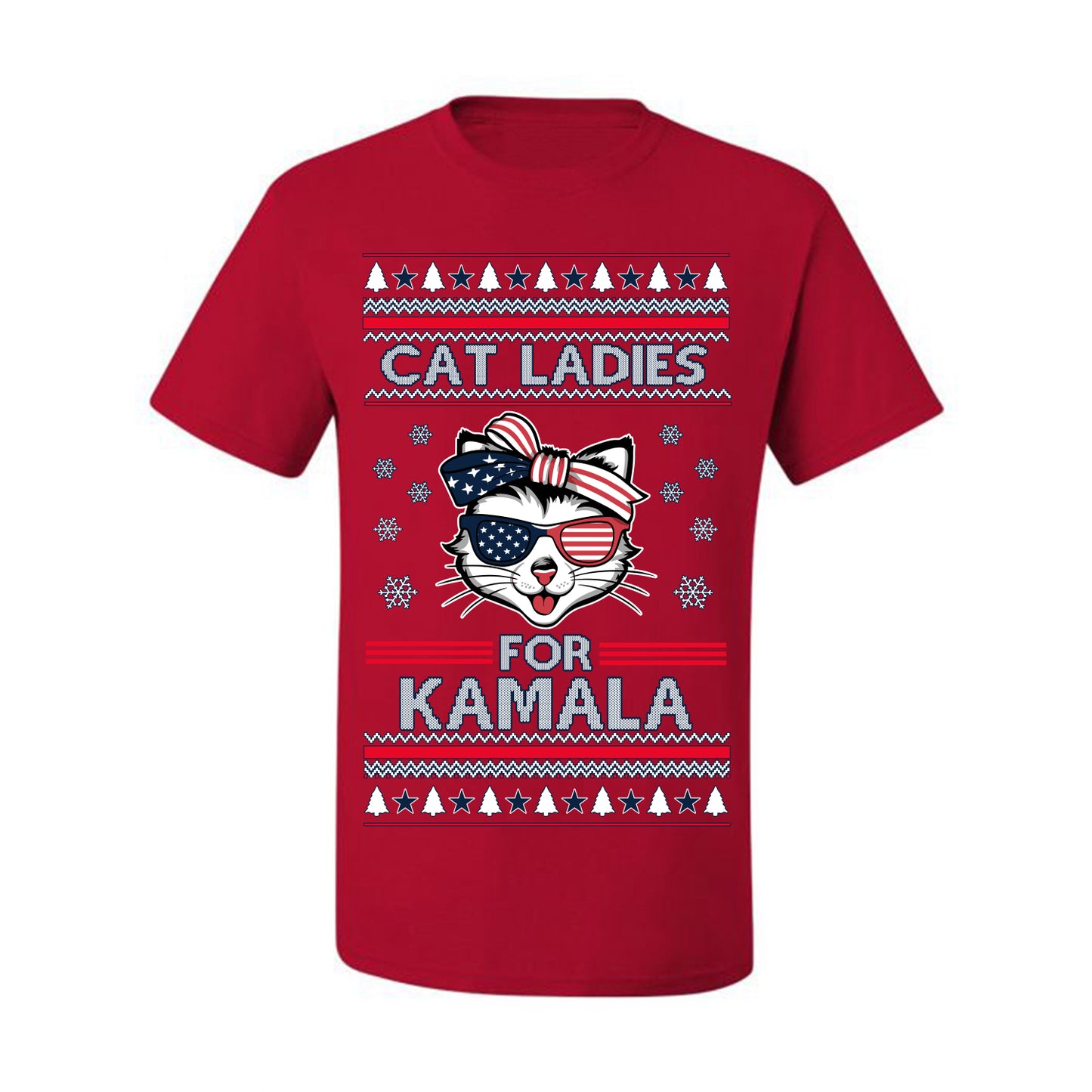 Cat Ladies for Kamala USA Glasses, Harris Tim Walz 2024 Cute USA Glasses Bow, Ugly Christmas Sweater Crewneck Sweatshirt Ugly Christmas Men's T-Shirt