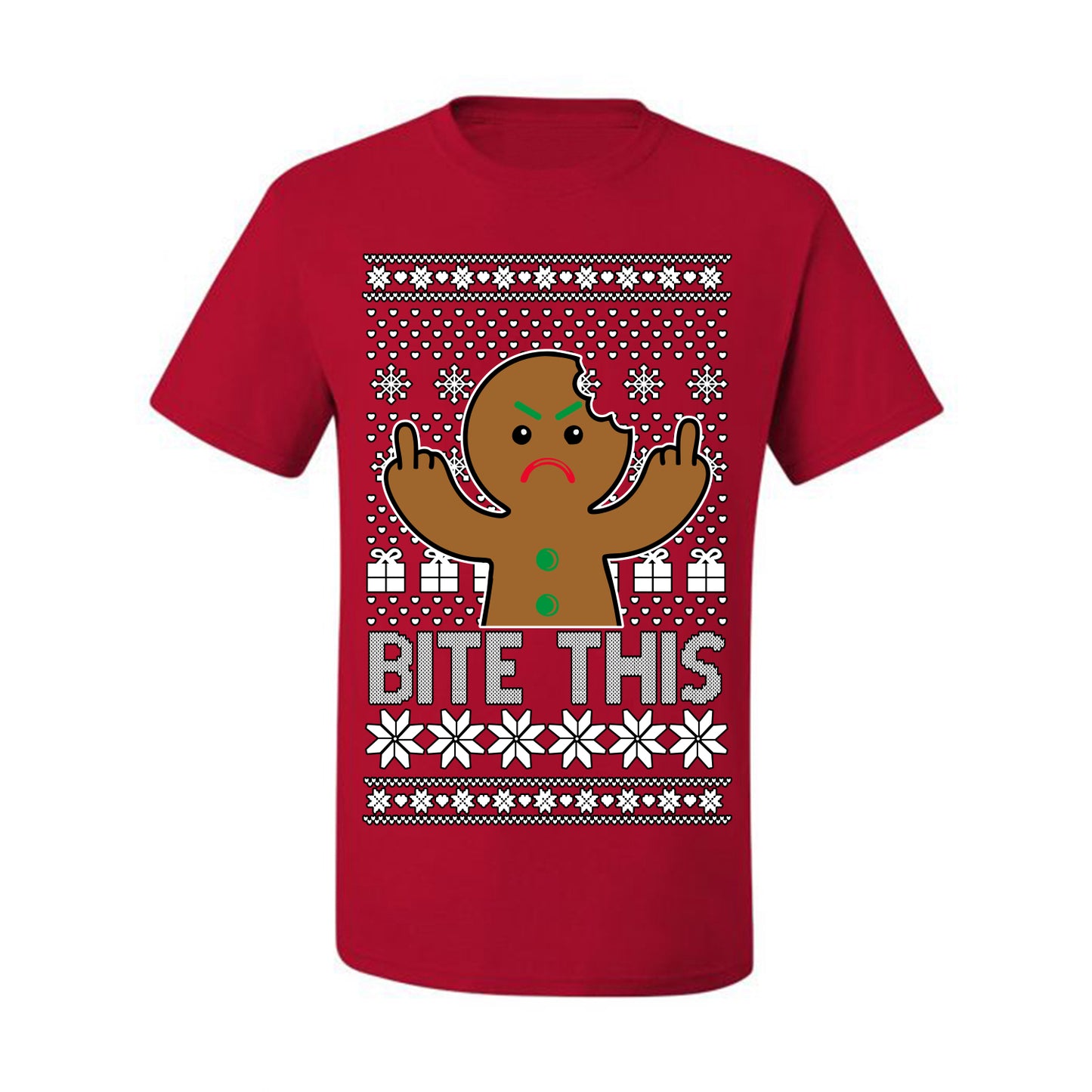 Bite This, Funny Gingerbread Cookie Offensive Inappropriate Middle Finger, F U Ginger Bread Dirty Novelty Xmas Ugly Christmas Sweater Ugly Christmas Men's T-Shirt