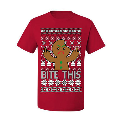 Bite This, Funny Gingerbread Cookie Offensive Inappropriate Middle Finger, F U Ginger Bread Dirty Novelty Xmas Ugly Christmas Sweater Ugly Christmas Men's T-Shirt