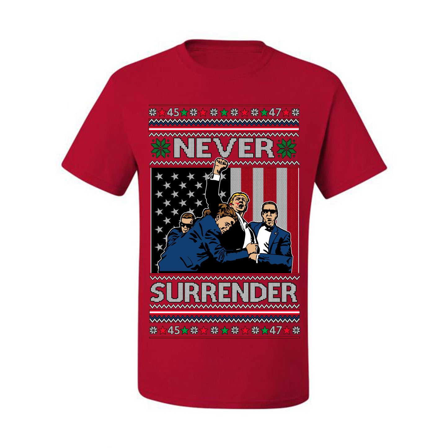 Never Surrender, Pro Donald Trump Fight Fight Fight Fist Pump 2024 Butler PA Rally Shot, Ugly Christmas Sweater Ugly Christmas Men's T-Shirt