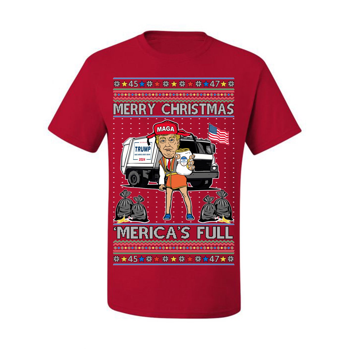 Donald Trump Merry Christmas Merica's Full, Cousin Eddie Christmas Vacation Garbage for Trump Funny Viral Meme, Ugly Christmas Sweater Ugly Christmas Men's T-Shirt