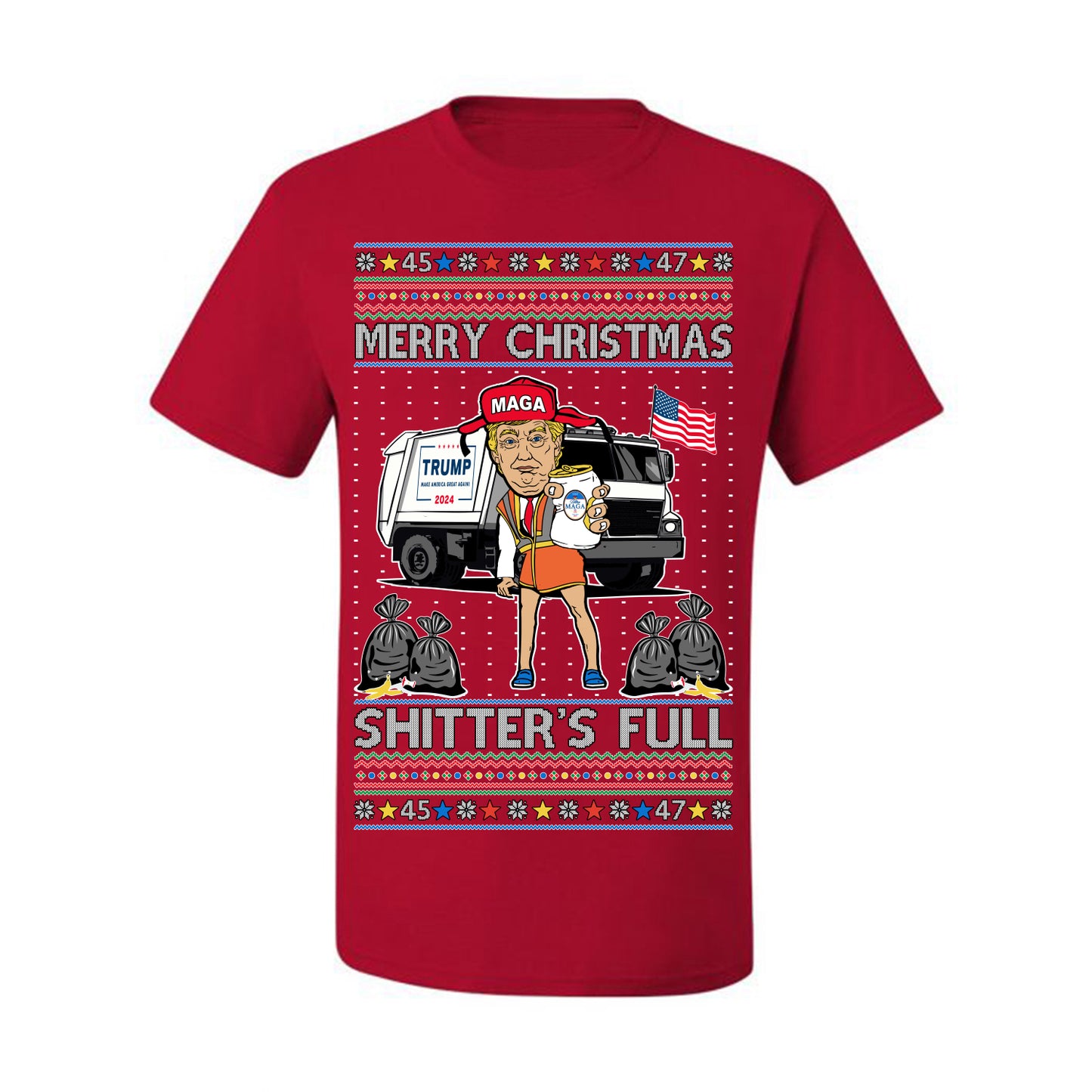 Donald Trump Merry Christmas Shitter's Full, Cousin Eddie Christmas Vacation Garbage for Trump Funny Viral Meme, Ugly Christmas Sweater Ugly Christmas Men's T-Shirt
