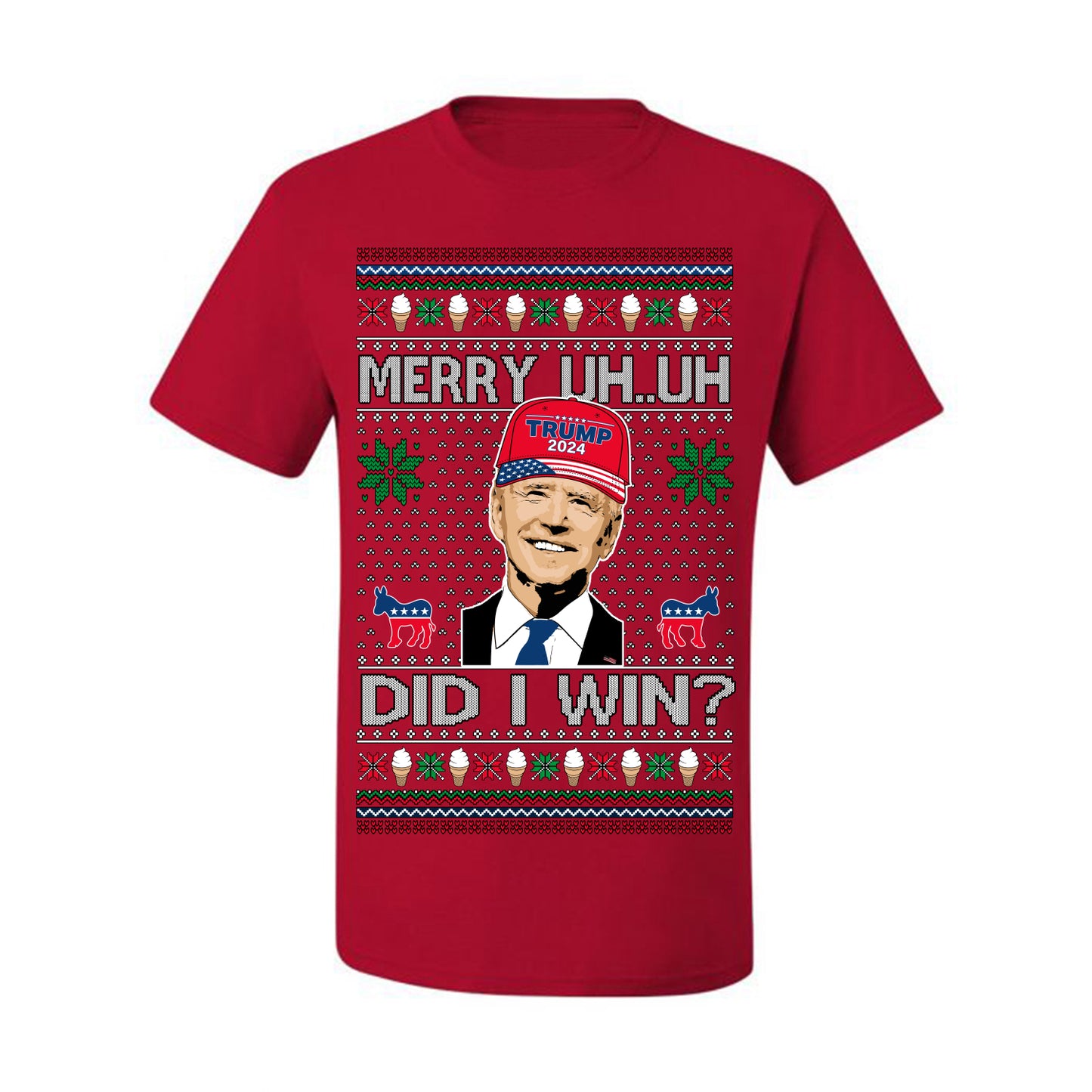 Merry Uh Did I Win? Funny Confused Joe Biden, Liberal Democrats Election 2024 Ugly Christmas Sweater Ugly Christmas Men's T-Shirt