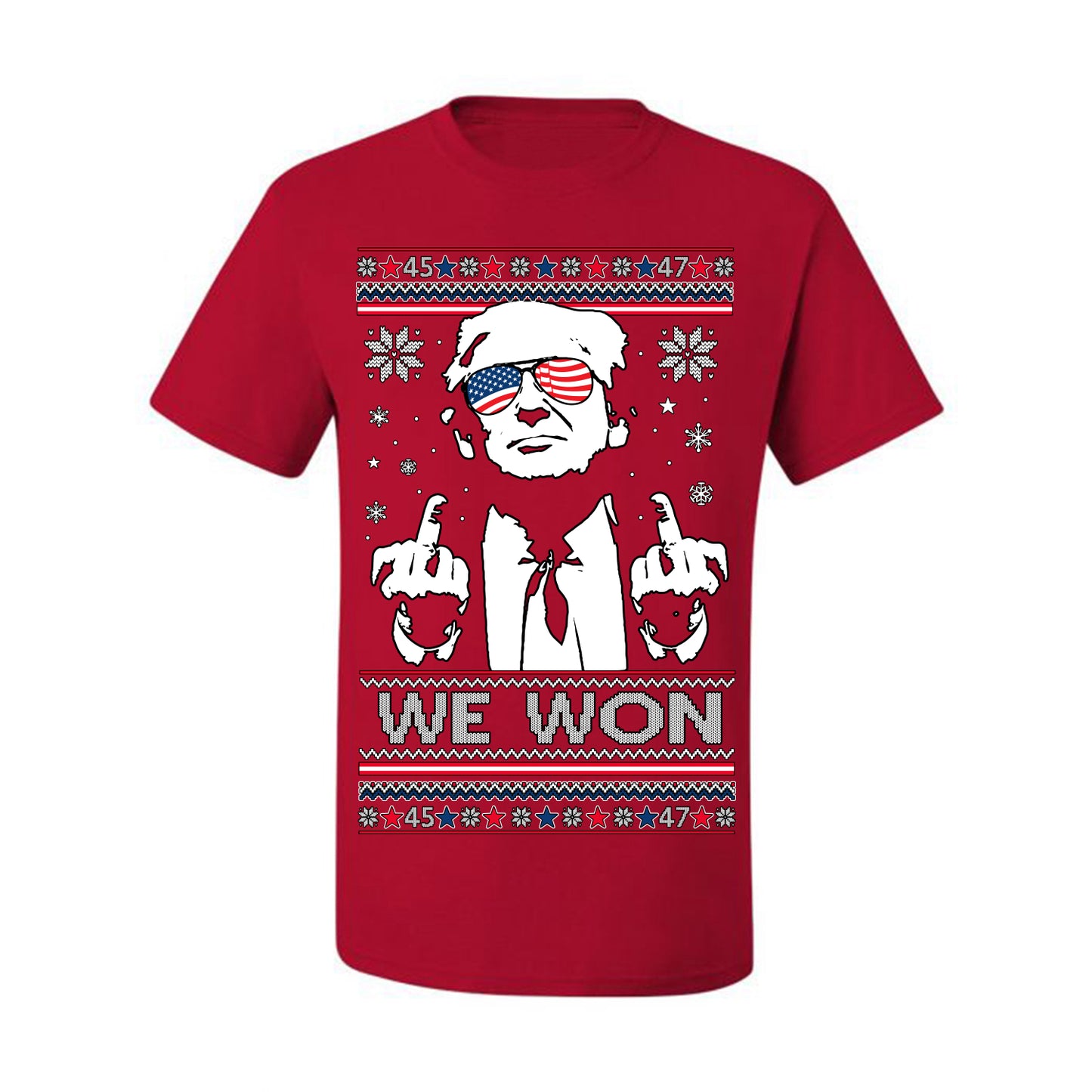 We Won Funny 45 47 President Trump Shot USA Glasses, 47th USA President of the United States, Gift for Republicans Conservatives Ugly Christmas Sweater Ugly Christmas Men's T-Shirt