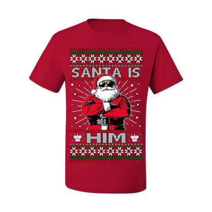 Santa Is Him Funny Gen Z Viral Meme Shades, Religious Christ Christian Christianity Brain Rot Joke Slang Ugly Christmas Sweater Ugly Christmas Men's T-Shirt