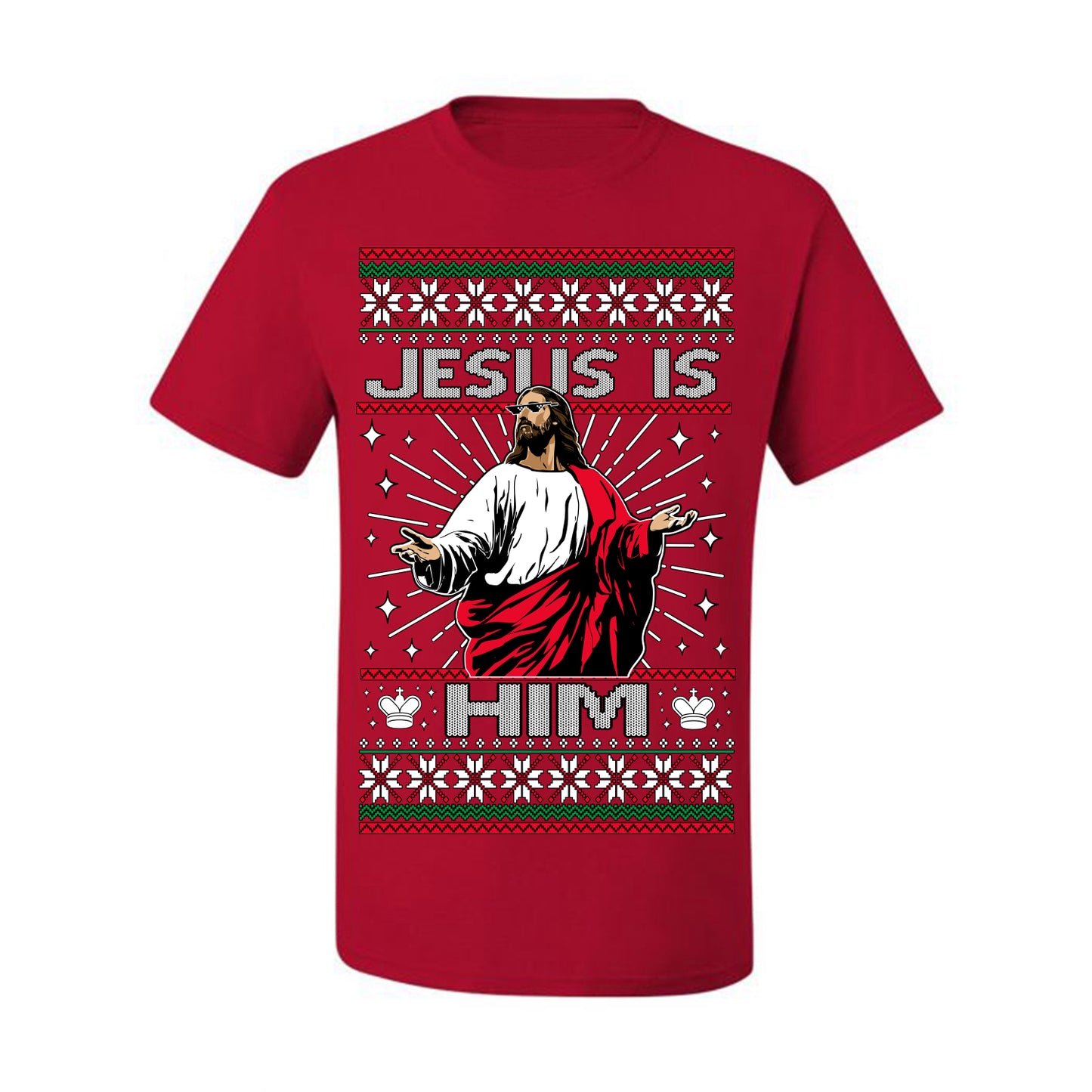 Jesus Is Him Funny Gen Z Viral Meme Shades, Religious Christ Christian Christianity Brain Rot Joke Slang Ugly Christmas Sweater Ugly Christmas Men's T-Shirt