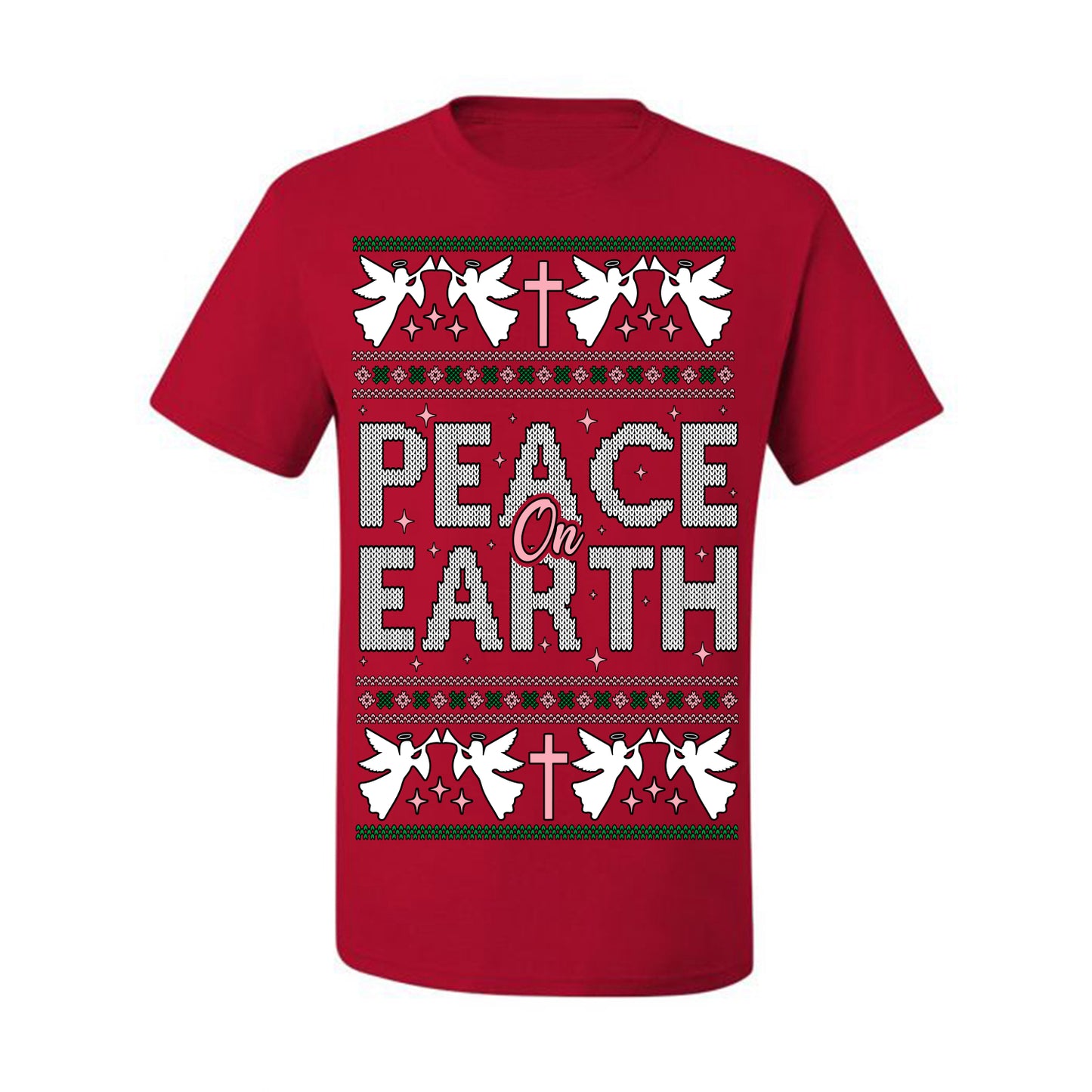 Peace On Earth Funny Xmas Cute Pink Angel Cross, Women Men Religious Christian Catholic Ugly Christmas Sweater Ugly Christmas Men's T-Shirt