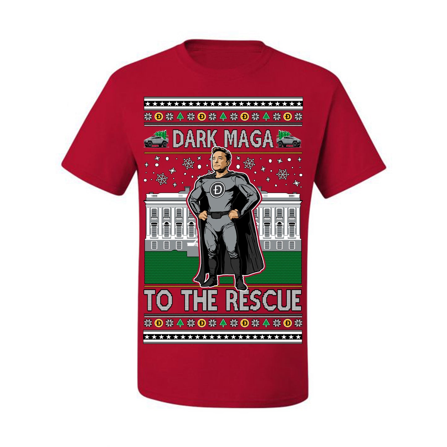 Dark MAGA to the Rescue, Elon Superhero Doge Crypto Dogecoin Make America Great Again Trump 2024 Ugly Christmas Sweater Ugly Christmas Men's T-Shirt