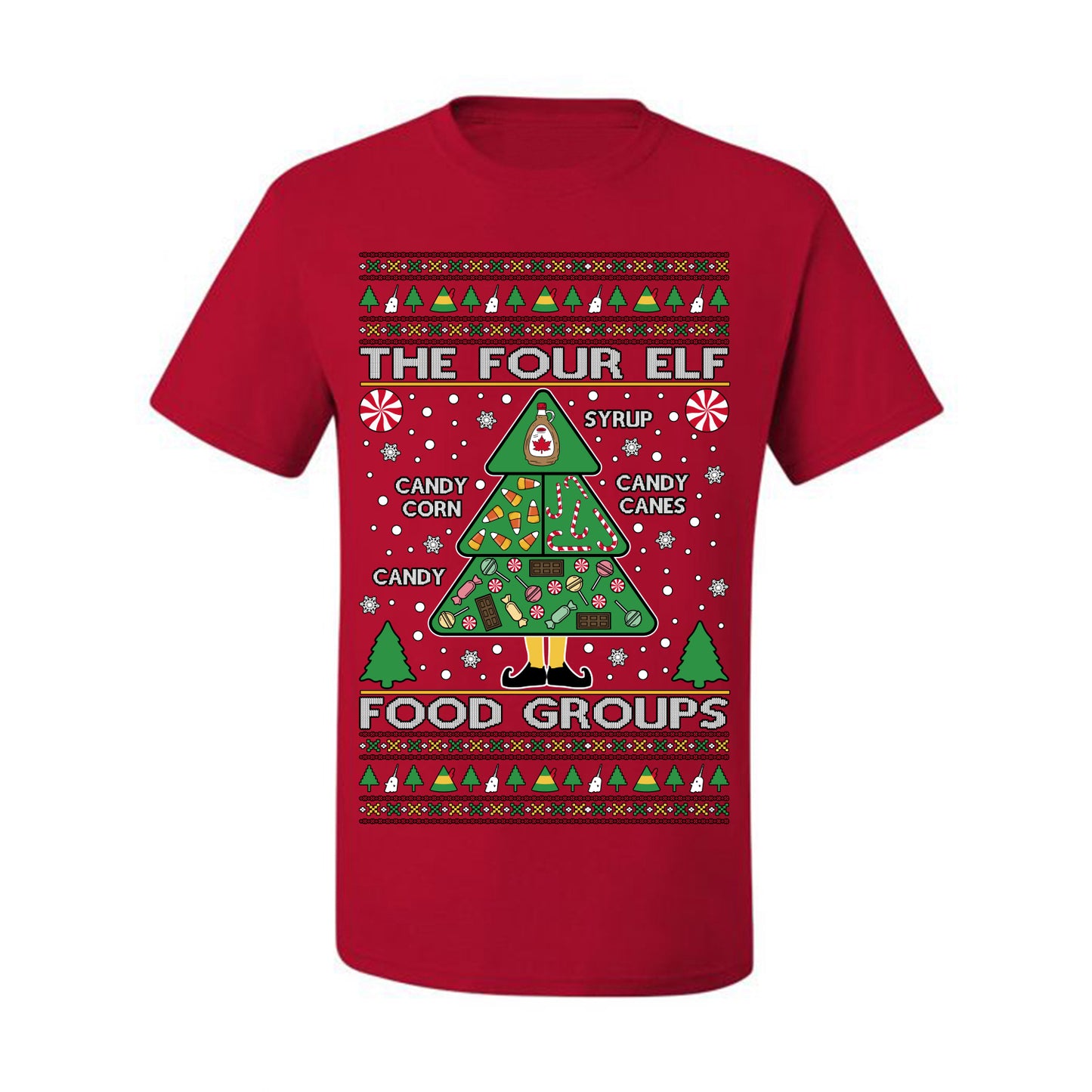 The Four Elf Food Groups, Peppermint Chocolate Candy Canes Syrup, Funny Ugly Christmas Sweater Ugly Christmas Men's T-Shirt