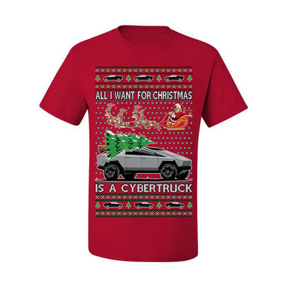 All I Want for Christmas is a Cybertruck, Funny Tech Cyber Truck Elon Musk Santa Claus Reindeer, Meme Ugly Christmas Sweater Ugly Christmas Men's T-Shirt