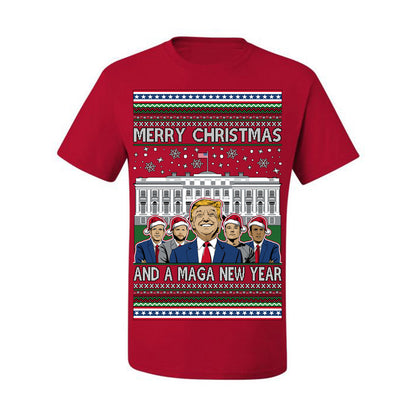 Merry Christmas and a MAGA New Year 2025, Trump Vance Administration 45 47 Make America Great Again USA Ugly Christmas Sweater Ugly Christmas Men's T-Shirt