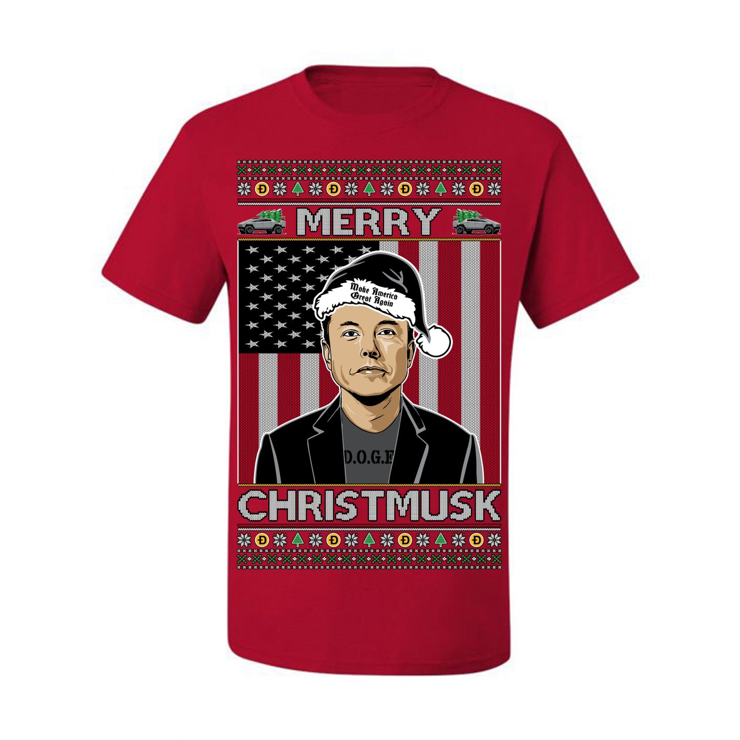 Merry Christmusk Funny Dark MAGA Santa Elon Doge Meme, Crypto Dogecoin America First USA Republican Ugly Christmas Sweater Ugly Christmas Men's T-Shirt