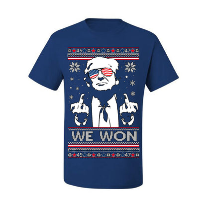 We Won Funny 45 47 President Trump Shot USA Glasses, 47th USA President of the United States, Gift for Republicans Conservatives Ugly Christmas Sweater Ugly Christmas Men's T-Shirt