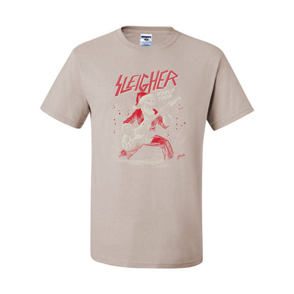 Sleigher World Tour | Funny Heavy Metal Electric Rock Guitar Skull Santa Claus Xmas North Pole Ugly Christmas Men's T-Shirt
