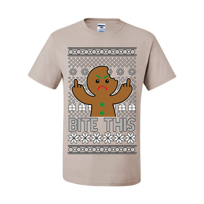 Bite This, Funny Gingerbread Cookie Offensive Inappropriate Middle Finger, F U Ginger Bread Dirty Novelty Xmas Ugly Christmas Sweater Ugly Christmas Men's T-Shirt