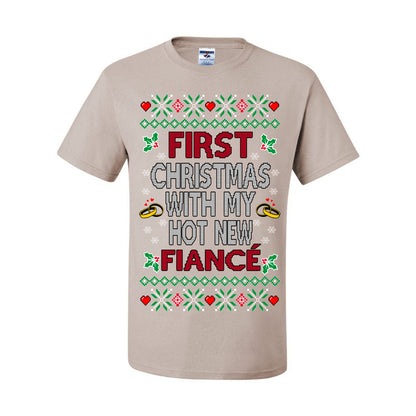 First Christmas With My Hot New Fiance, Classic Just Married Winter Holiday Newlywed Fiancee Marriage Wedding, Ugly Christmas Sweater Ugly Christmas Men's T-Shirt