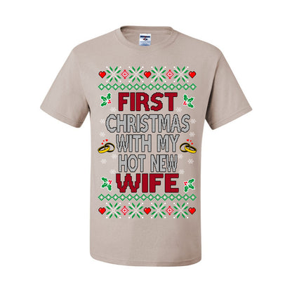 First Christmas With My Hot New Wife, Classic Just Married Winter Holiday Newlywed Fiancee Marriage Wedding,  Ugly Christmas Sweater Ugly Christmas Men's T-Shirt