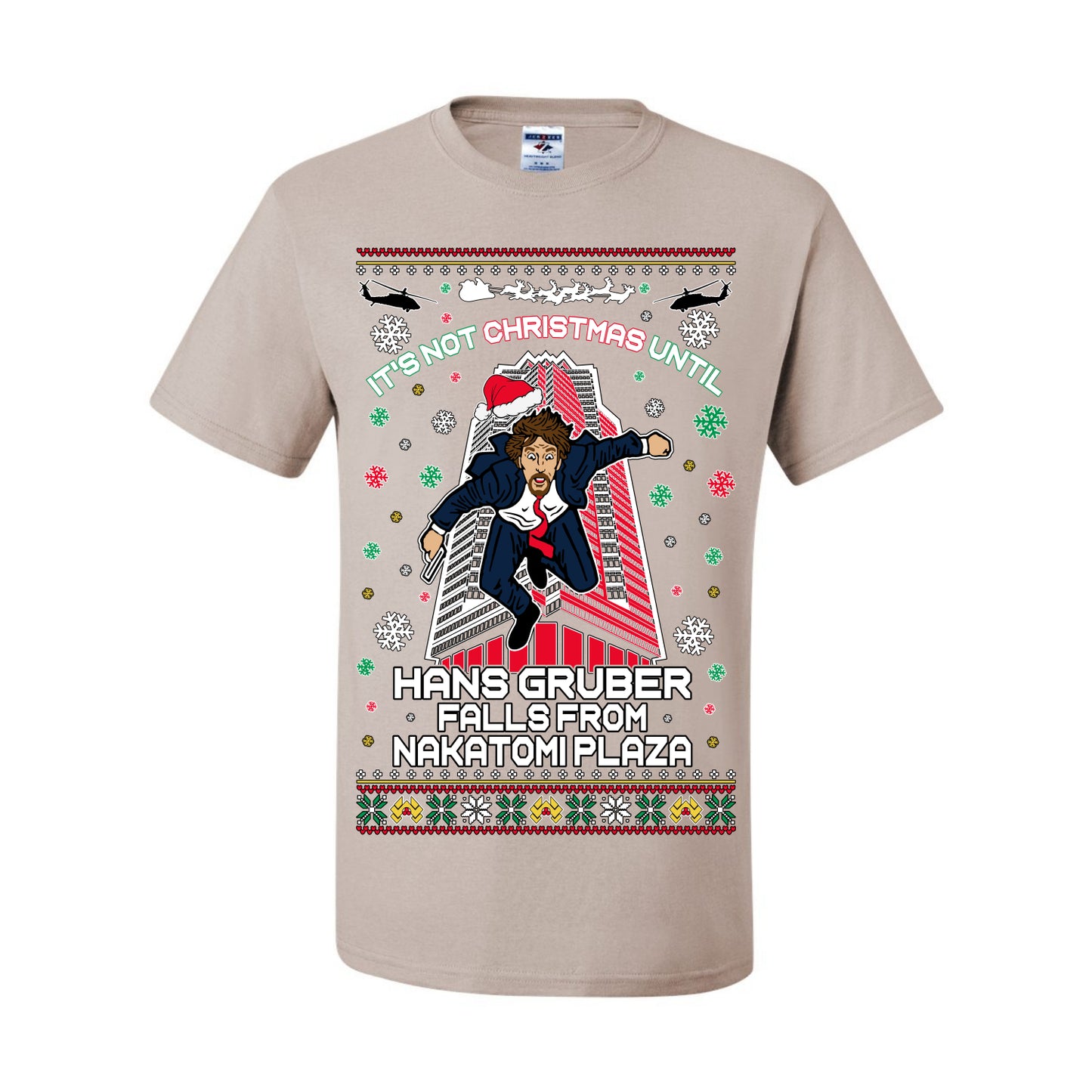 It's Not Christmas Until Hans Gruber Falls From Nakatomi Plaza, Color Design Skyscraper LA Falling Iconic 80s Xmas Movie Ugly Christmas Sweater Ugly Christmas Men's T-Shirt