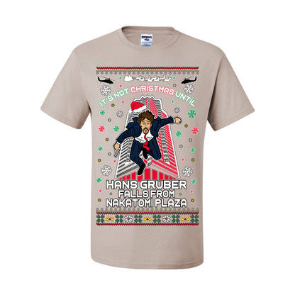 It's Not Christmas Until Hans Gruber Falls From Nakatomi Plaza, Color Design Skyscraper LA Falling Iconic 80s Xmas Movie Ugly Christmas Sweater Ugly Christmas Men's T-Shirt