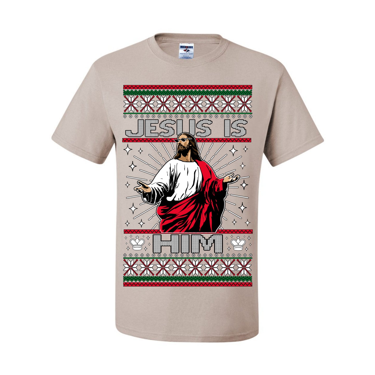 Jesus Is Him Funny Gen Z Viral Meme Shades, Religious Christ Christian Christianity Brain Rot Joke Slang Ugly Christmas Sweater Ugly Christmas Men's T-Shirt