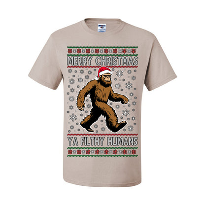 Merry Christmas Ya Filthy Humans Funny Sasquatch, UFO Conspiracy Theory Y2K Big Foot Supernatural Theorist Bigfoot Ugly Christmas Sweater Ugly Christmas Men's T-Shirt