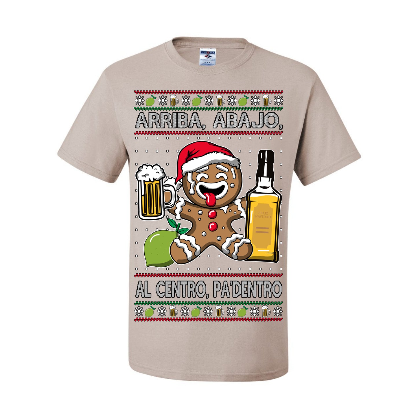 Arriba Abajo Al Centro Pa'Dentro Cheers to Health, Drinking Beer Cerveza Funny Gingerbread Xmas Cookie Ropa en Espanol Salud Ugly Christmas Sweater Ugly Christmas Men's T-Shirt