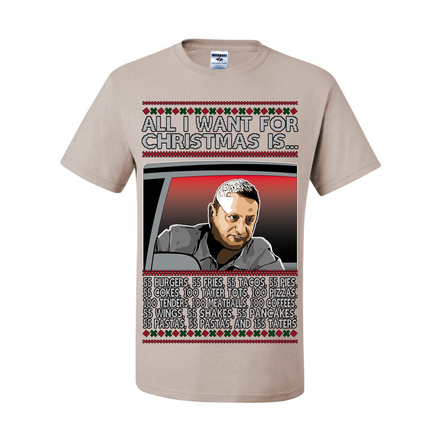 All I Want for Christmas Is 55 Burgers 55 Fries 55 Tacos 55 Pies, Funny Viral I Think Tim TV Show Gen Z Alpha Brainrot Meme Ugly Christmas Sweater Ugly Christmas Men's T-Shirt