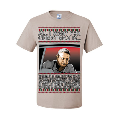 All I Want for Christmas Is 55 Burgers 55 Fries 55 Tacos 55 Pies, Funny Viral I Think Tim TV Show Gen Z Alpha Brainrot Meme Ugly Christmas Sweater Ugly Christmas Men's T-Shirt
