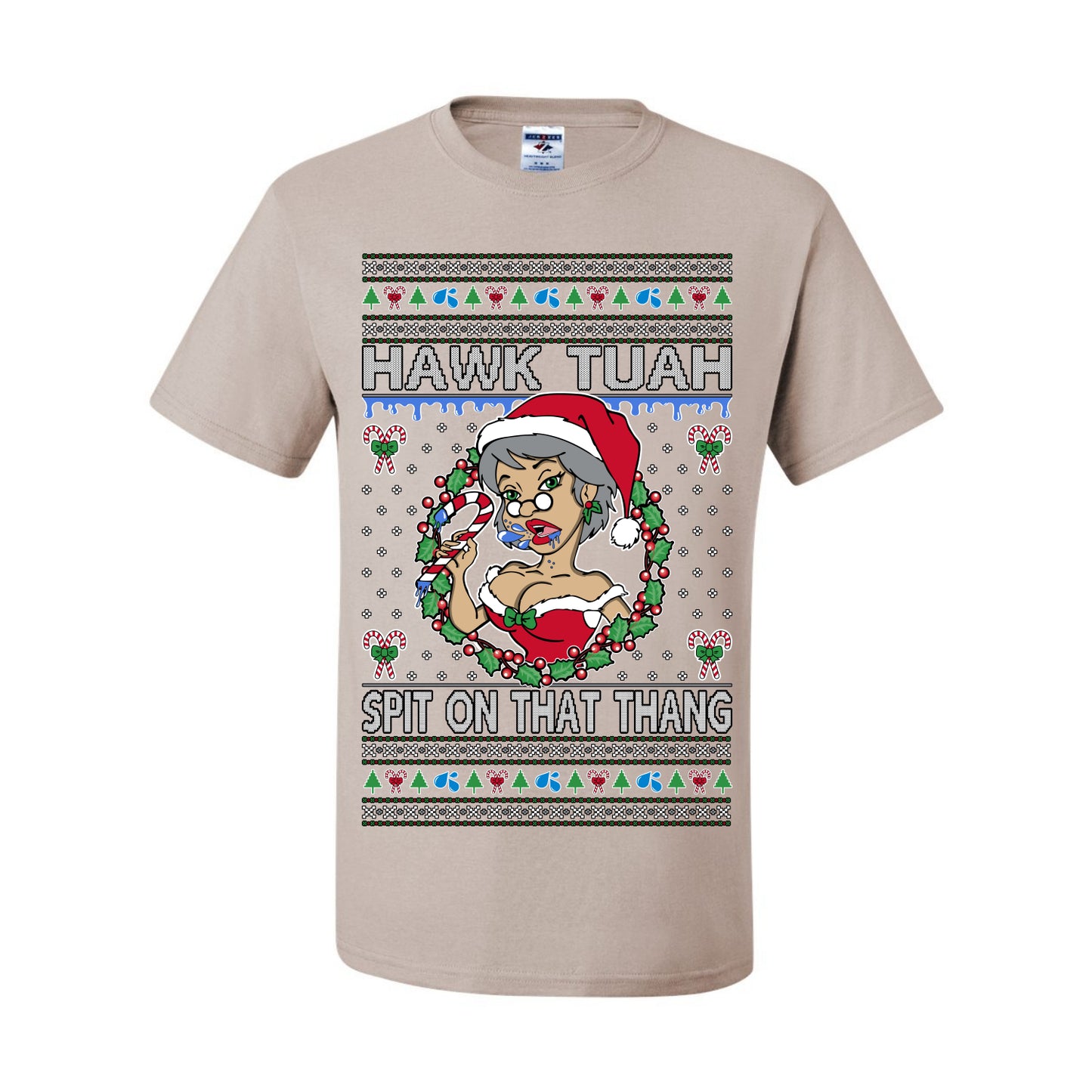 Hawk Tuah Spit On That Thang, Viral Hilarious Candy Cane Mrs Claus Funny Naughty Suck Meme, Ugly Christmas Sweater Ugly Christmas Men's T-Shirt