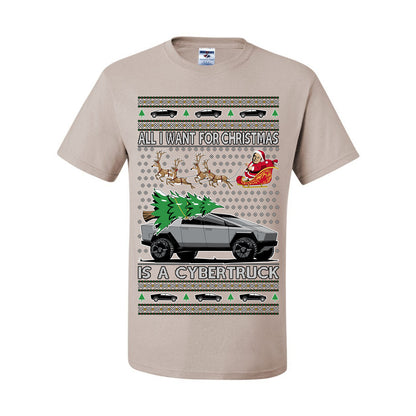 All I Want for Christmas is a Cybertruck, Funny Tech Cyber Truck Elon Musk Santa Claus Reindeer, Meme Ugly Christmas Sweater Ugly Christmas Men's T-Shirt