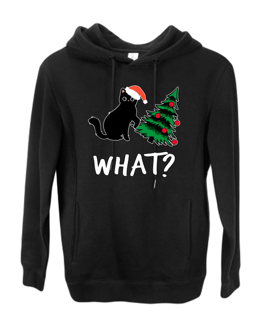 What? Funny Guilty Santa Cat Christmas Tree Mischief Pet Humor Ugly Christmas Premium Side-Pocket Hoodie Sweatshirt