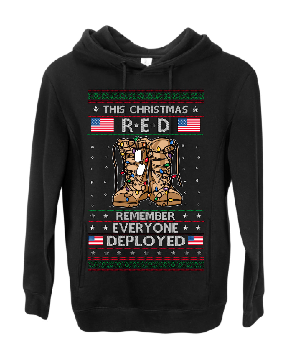 This Christmas RED Remember Everyone Deployed, Pro Military Vet 1st 2nd Amendment Veteran, RED Friday Ugly Christmas Sweater Ugly Christmas Premium Side-Pocket Hoodie Sweatshirt