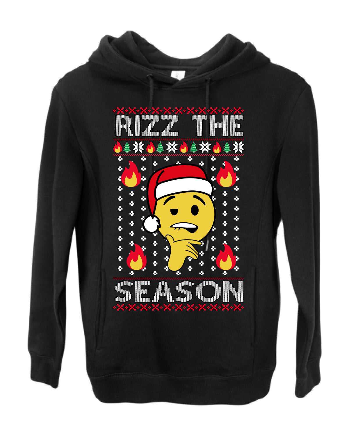 Rizz the Season, Viral Internet Fire Emoji Face Meme Romance Slang, Ugly Christmas Sweater Ugly Christmas Premium Side-Pocket Hoodie Sweatshirt