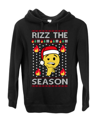 Rizz the Season, Viral Internet Fire Emoji Face Meme Romance Slang, Ugly Christmas Sweater Ugly Christmas Premium Side-Pocket Hoodie Sweatshirt