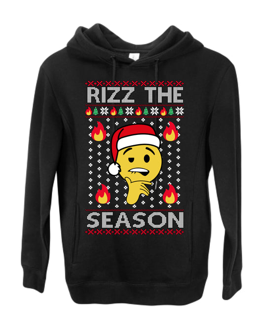 Rizz the Season, Viral Internet Fire Emoji Face Meme Romance Slang, Ugly Christmas Sweater Ugly Christmas Premium Side-Pocket Hoodie Sweatshirt