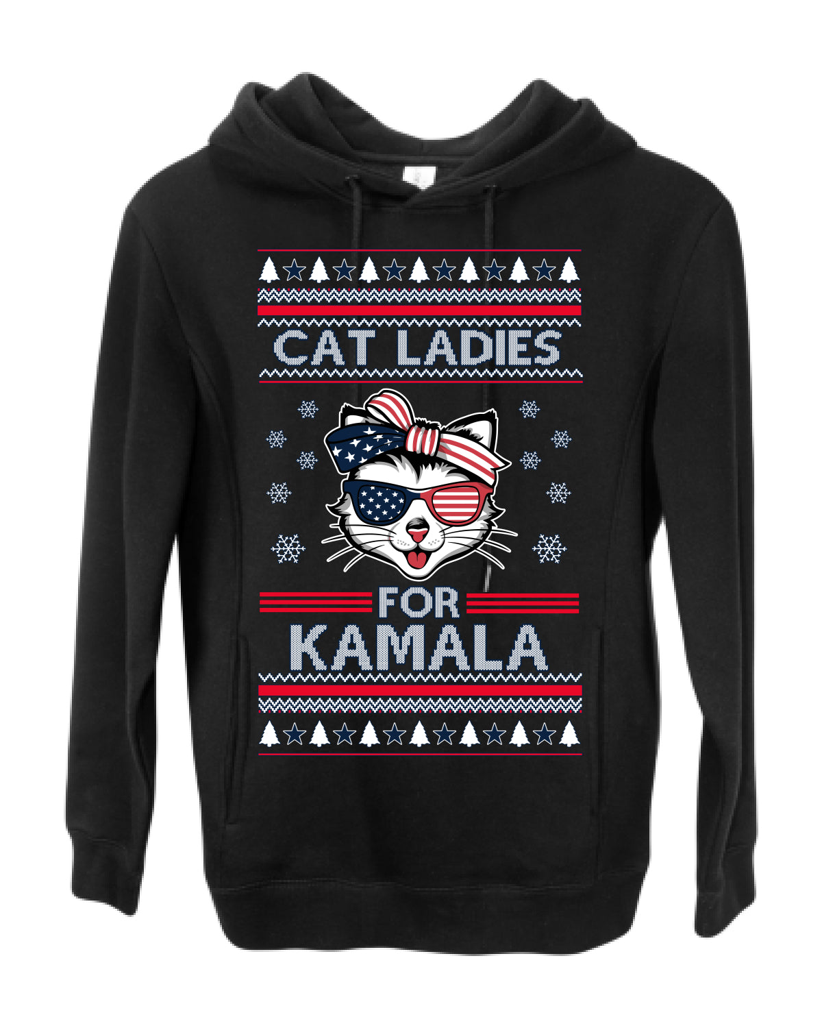 Cat Ladies for Kamala USA Glasses, Harris Tim Walz 2024 Cute USA Glasses Bow, Ugly Christmas Sweater Crewneck Sweatshirt Ugly Christmas Premium Side-Pocket Hoodie Sweatshirt