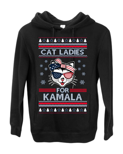 Cat Ladies for Kamala USA Glasses, Harris Tim Walz 2024 Cute USA Glasses Bow, Ugly Christmas Sweater Crewneck Sweatshirt Ugly Christmas Premium Side-Pocket Hoodie Sweatshirt