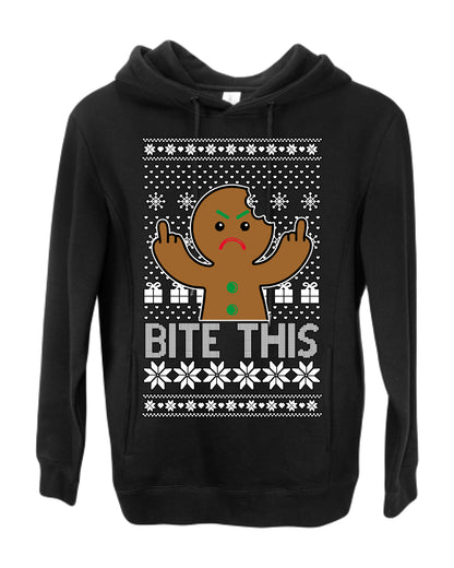 Bite This, Funny Gingerbread Cookie Offensive Inappropriate Middle Finger, F U Ginger Bread Dirty Novelty Xmas Ugly Christmas Sweater Ugly Christmas Premium Side-Pocket Hoodie Sweatshirt
