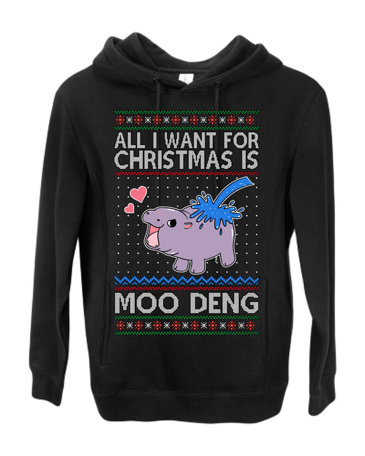 All I Want for Christmas is Moo Deng, Cute Pygmy Hippo Meme Viral Zoo Animal Y2K Era Funny Memes, Ugly Christmas Sweater Ugly Christmas Premium Side-Pocket Hoodie Sweatshirt