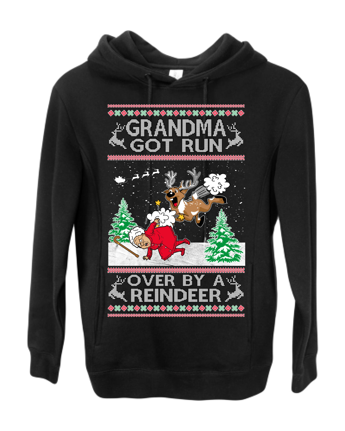 Grandma Got Run Over by a Reindeer, Funny Animated Design Rein Deer Kids TV Song Movie, Ugly Christmas Sweater Ugly Christmas Premium Side-Pocket Hoodie Sweatshirt