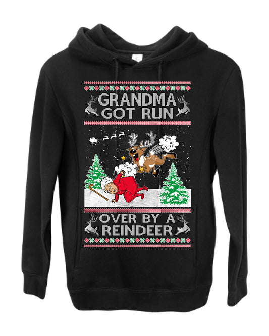 Grandma Got Run Over by a Reindeer, Funny Animated Design Rein Deer Kids TV Song Movie, Ugly Christmas Sweater Ugly Christmas Premium Side-Pocket Hoodie Sweatshirt