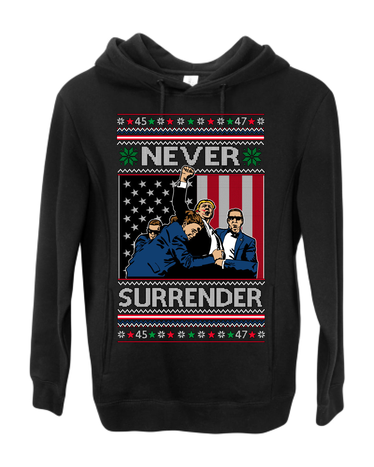 Never Surrender, Pro Donald Trump Fight Fight Fight Fist Pump 2024 Butler PA Rally Shot, Ugly Christmas Sweater Ugly Christmas Premium Side-Pocket Hoodie Sweatshirt