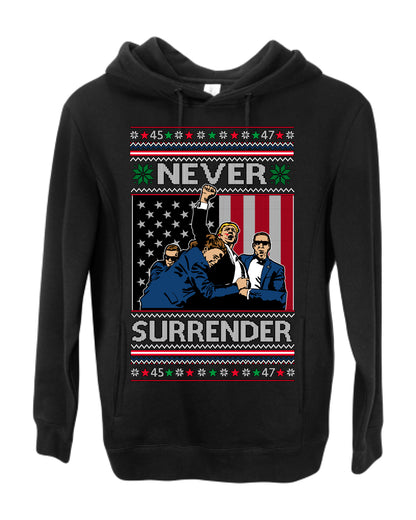 Never Surrender, Pro Donald Trump Fight Fight Fight Fist Pump 2024 Butler PA Rally Shot, Ugly Christmas Sweater Ugly Christmas Premium Side-Pocket Hoodie Sweatshirt