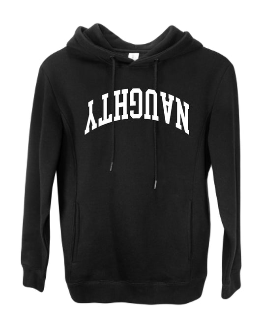 Naughty White Text, Classic College Style Trendy Upside Down Ugly Christmas Sweater Ugly Christmas Premium Side-Pocket Hoodie Sweatshirt